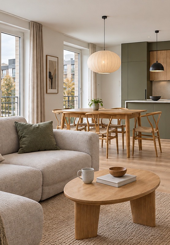 Salon et salle à manger lumineux d’un appartement Halte 175